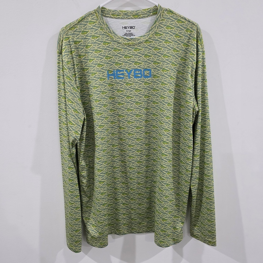 Heybo Mens Fish Print Shirt Size Large Outdoor Fishing Long Sleeve Green